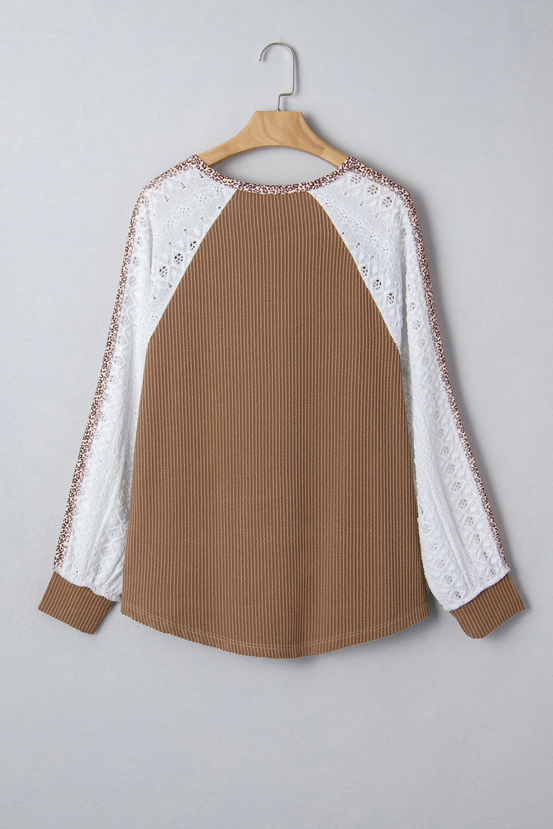 Load image into Gallery viewer, DLLS267 - Ladies Dark Khaki Twisted Ribbed Leopard Lace Contrast Patchwork Long Sleeve Top
