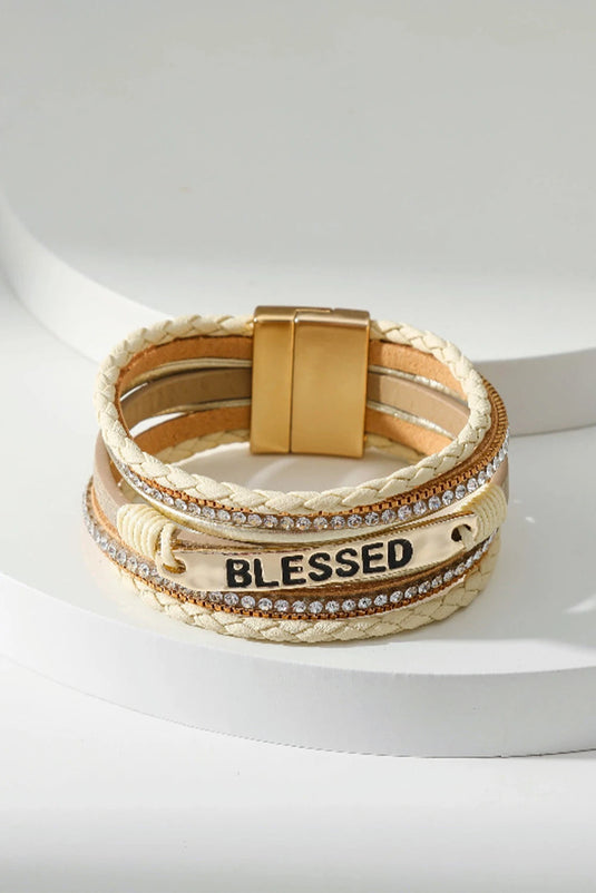 DLLBC 1 - Beige BLESSED Rhinestone Braided Detail Buckle Bracelet