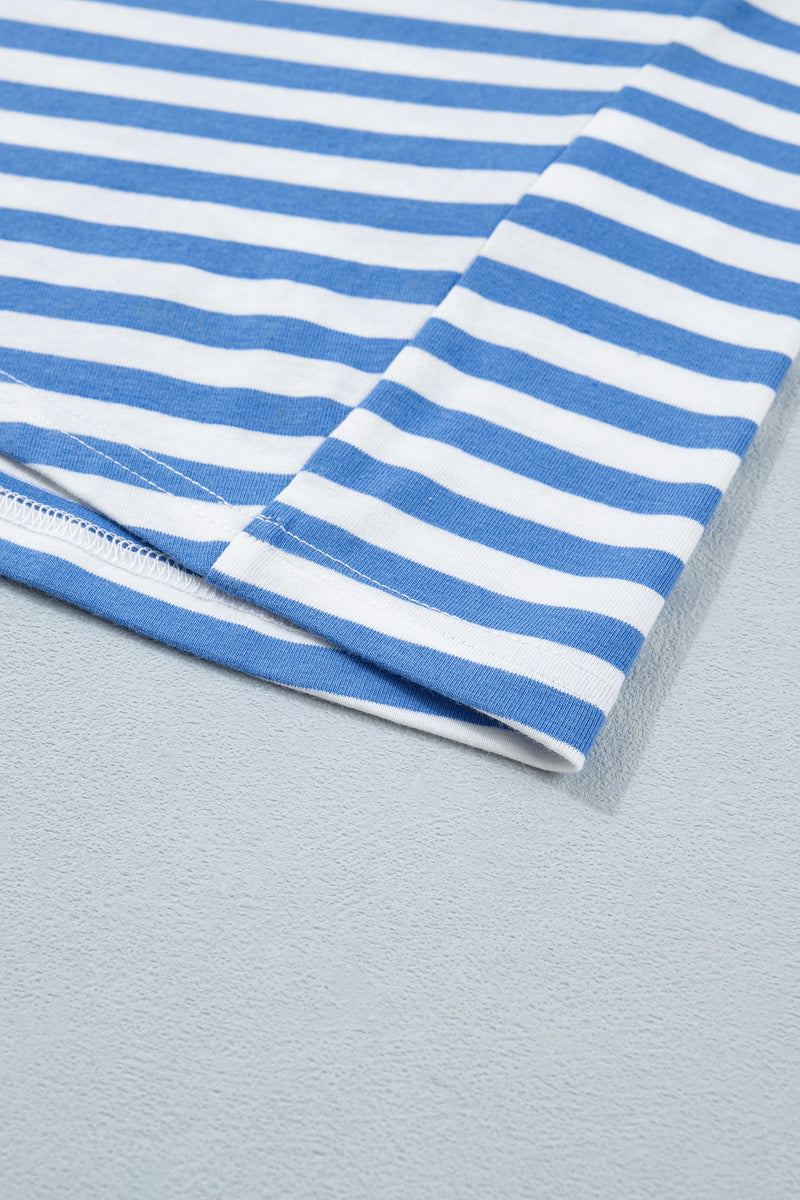 Load image into Gallery viewer, DLLS571 - Ladies Sky Blue Stripe Nautical Tie Contrast Trim Round Neck T Shirt Mini Dress
