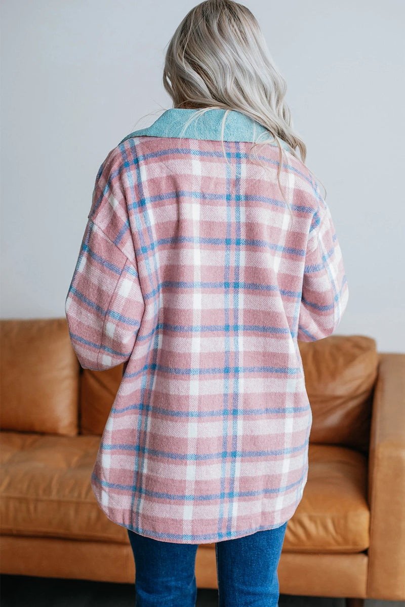 Load image into Gallery viewer, DLLS907 - Ladies Pink Plaid Print Color Block Collared Flap Pockets Loose Shacket
