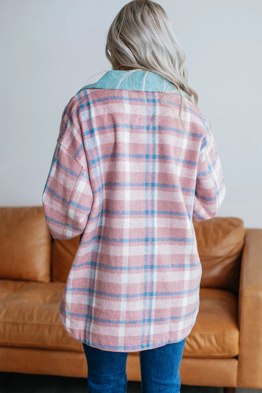 DLLS907 - Ladies Pink Plaid Print Color Block Collared Flap Pockets Loose Shacket