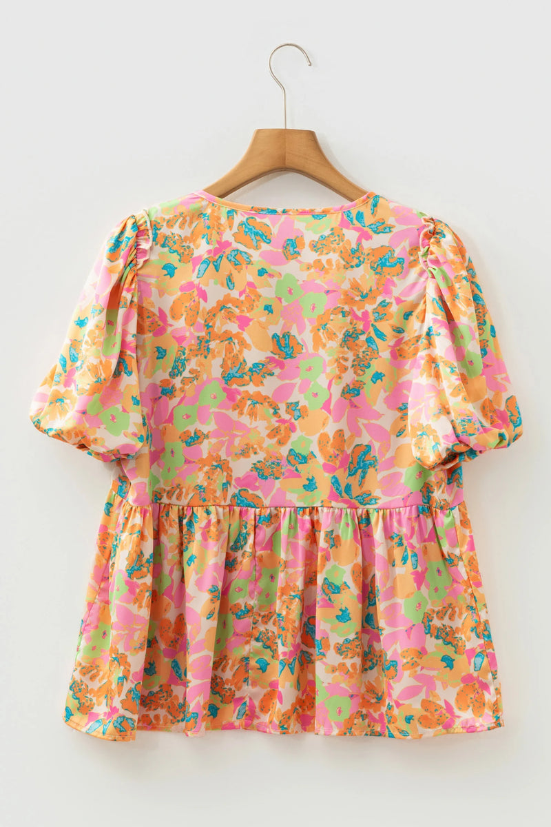 Load image into Gallery viewer, DLLS365 - Ladies Orange Split V Neck Short Sleeve Flower Blouse
