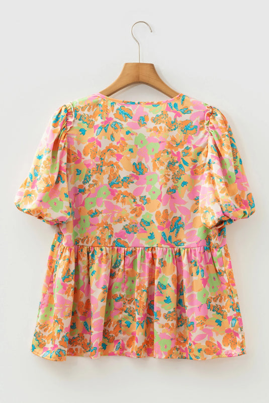 DLLS365 - Ladies Orange Split V Neck Short Sleeve Flower Blouse