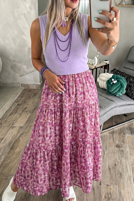 DLLS614 - Ladies Purple Ribbed V Neck Tank Floral Contrast Patchwork Long Dress