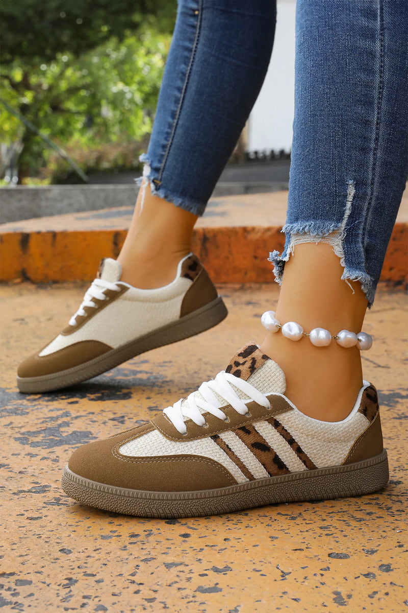 Load image into Gallery viewer, DLLSHOE 47 - Coffee Color Block Leopard Patchwork Lace-Up Flat Shoes
