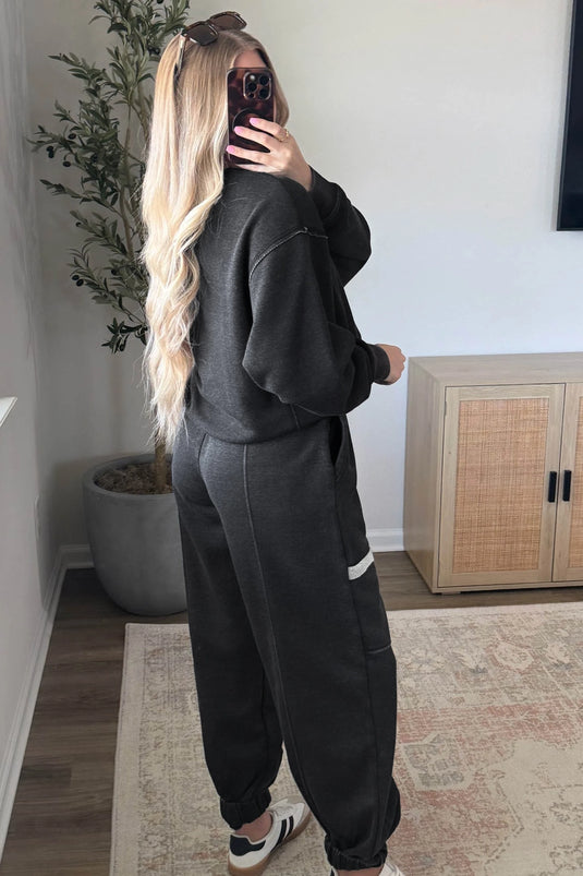 DLLS1084 - Ladies Carbon Grey Solid Colorblock Jogger Pants Set