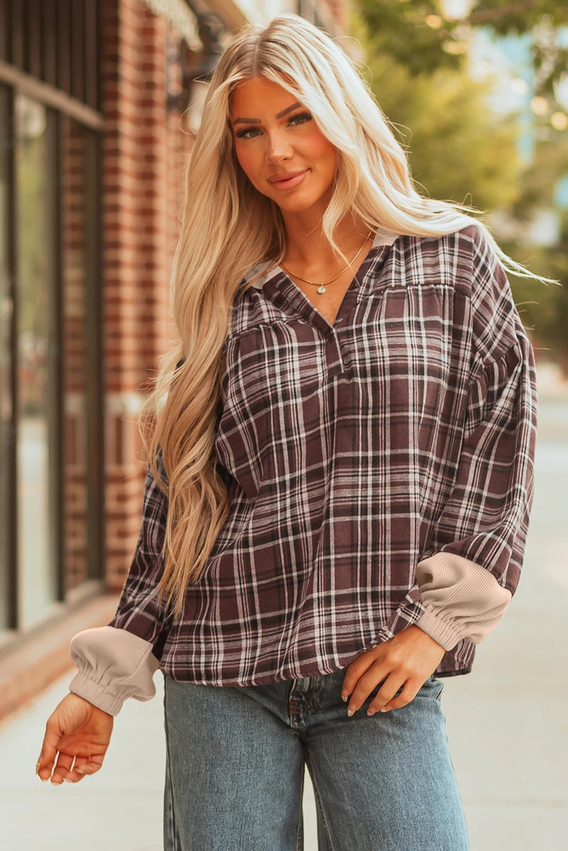 Load image into Gallery viewer, DLLS327 - Ladies Brown Plaid Patchwork Long Sleeve Button Hooded Blouse
