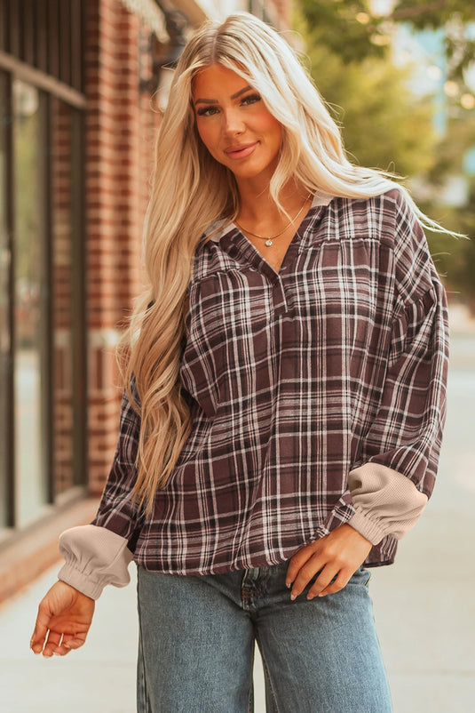 DLLS327 - Ladies Brown Plaid Patchwork Long Sleeve Button Hooded Blouse