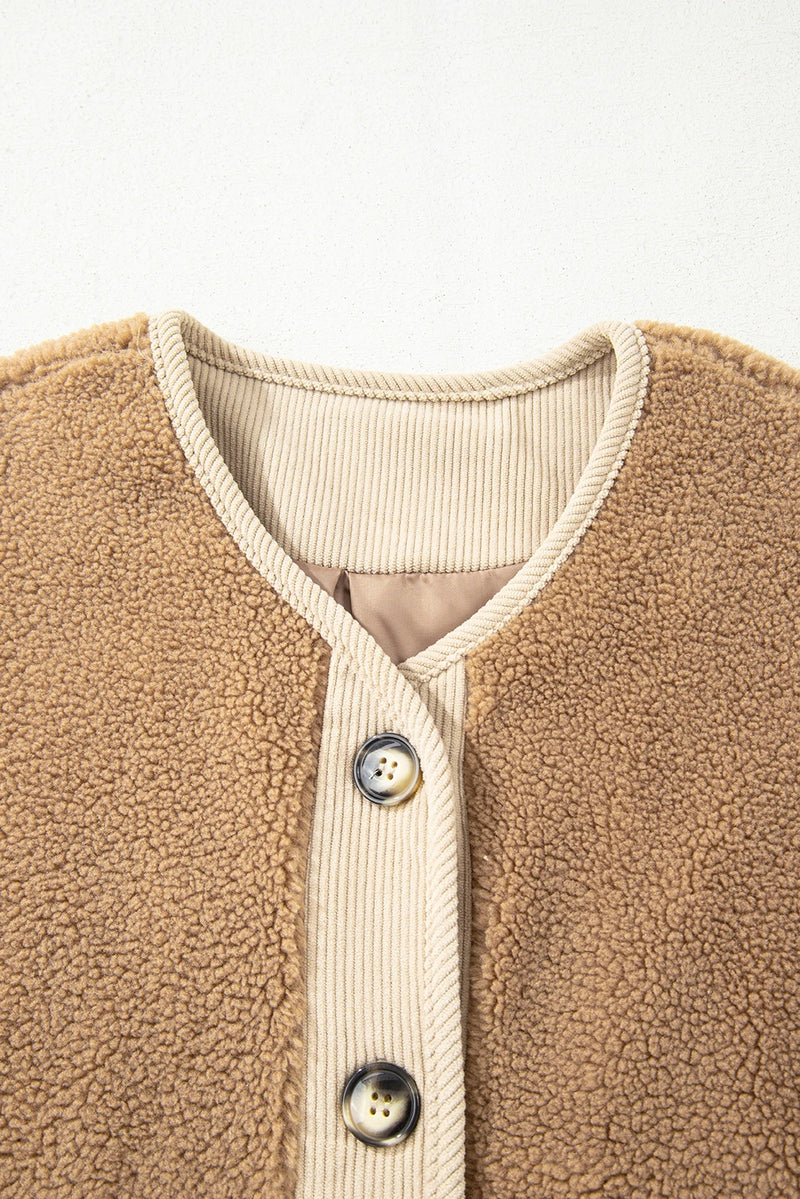 Load image into Gallery viewer, DLLS199 - Ladies Light French Beige Puffy Plush Corduroy Edge Patchwork Jacket with Big Pockets
