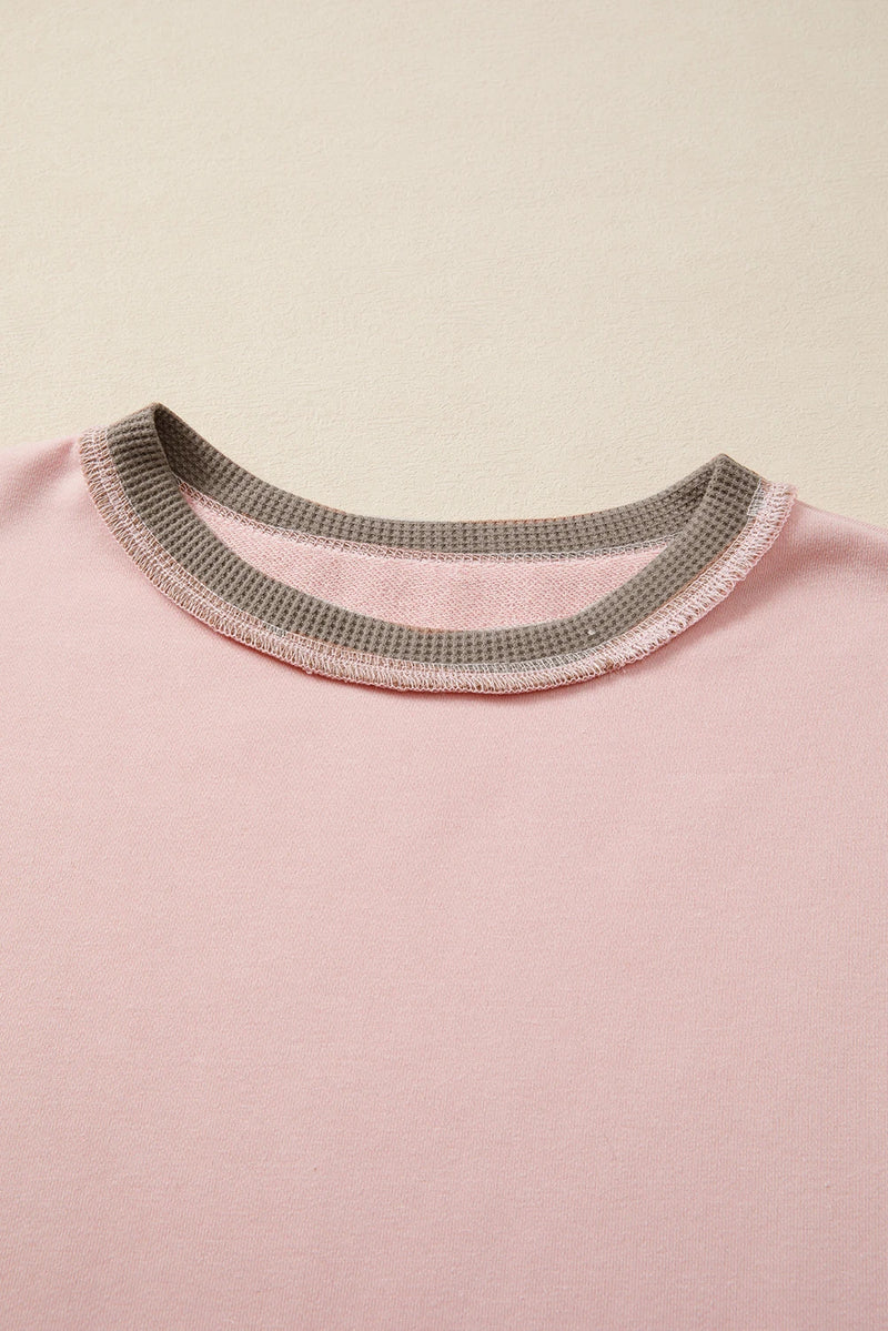 Load image into Gallery viewer, DLLS360 - Ladies Light Pink Color Block Mix Texture Waffle Patchwork Oversize Sweatshirt
