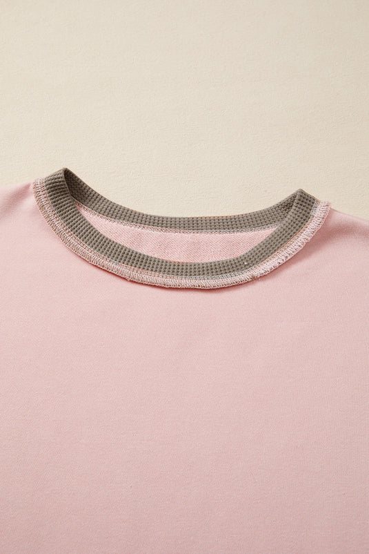DLLS360 - Ladies Light Pink Color Block Mix Texture Waffle Patchwork Oversize Sweatshirt