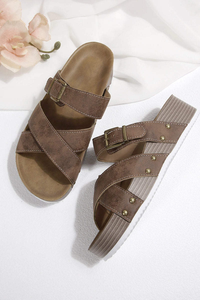 Load image into Gallery viewer, DLLSHOE 122 - Brown Faux Suede PU Leather Strappy Cutout Retro Slippers
