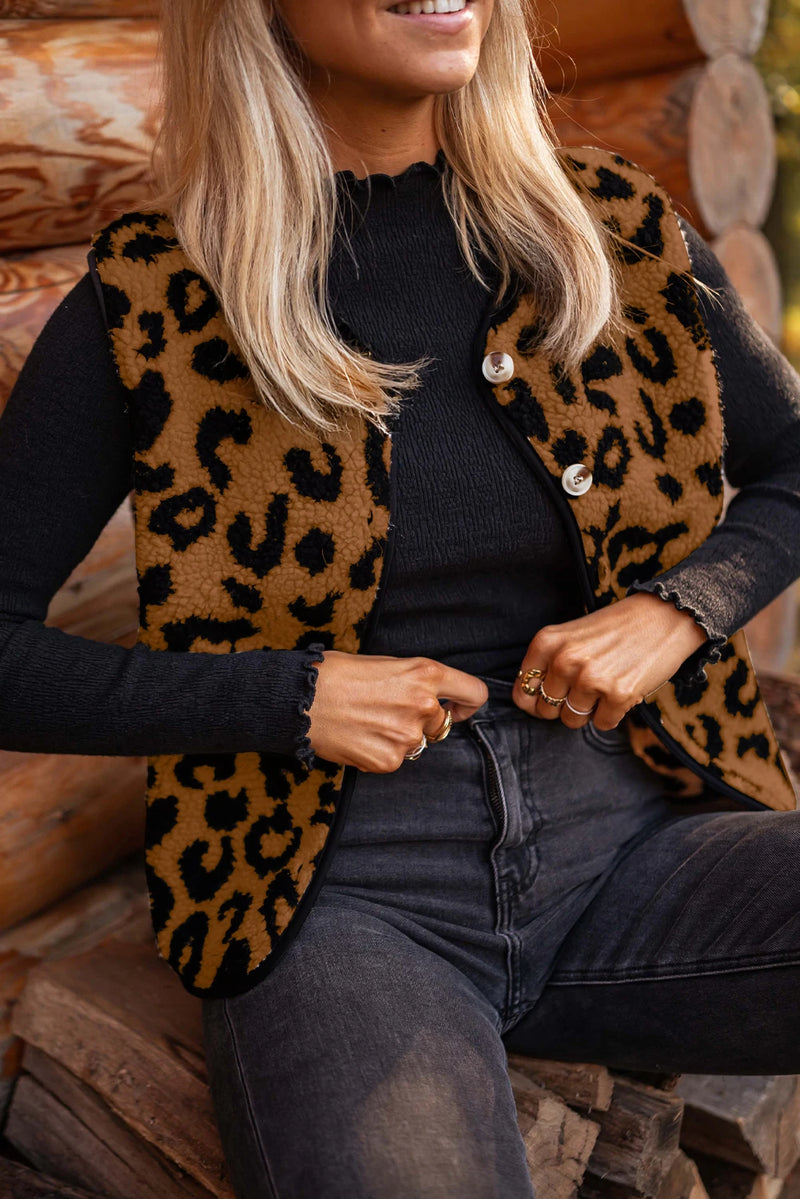 Load image into Gallery viewer, DLLS1148 - Ladies Chestnut Leopard Print Sherpa Vest Coat
