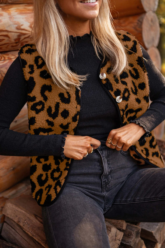 DLLS1148 - Ladies Chestnut Leopard Print Sherpa Vest Coat