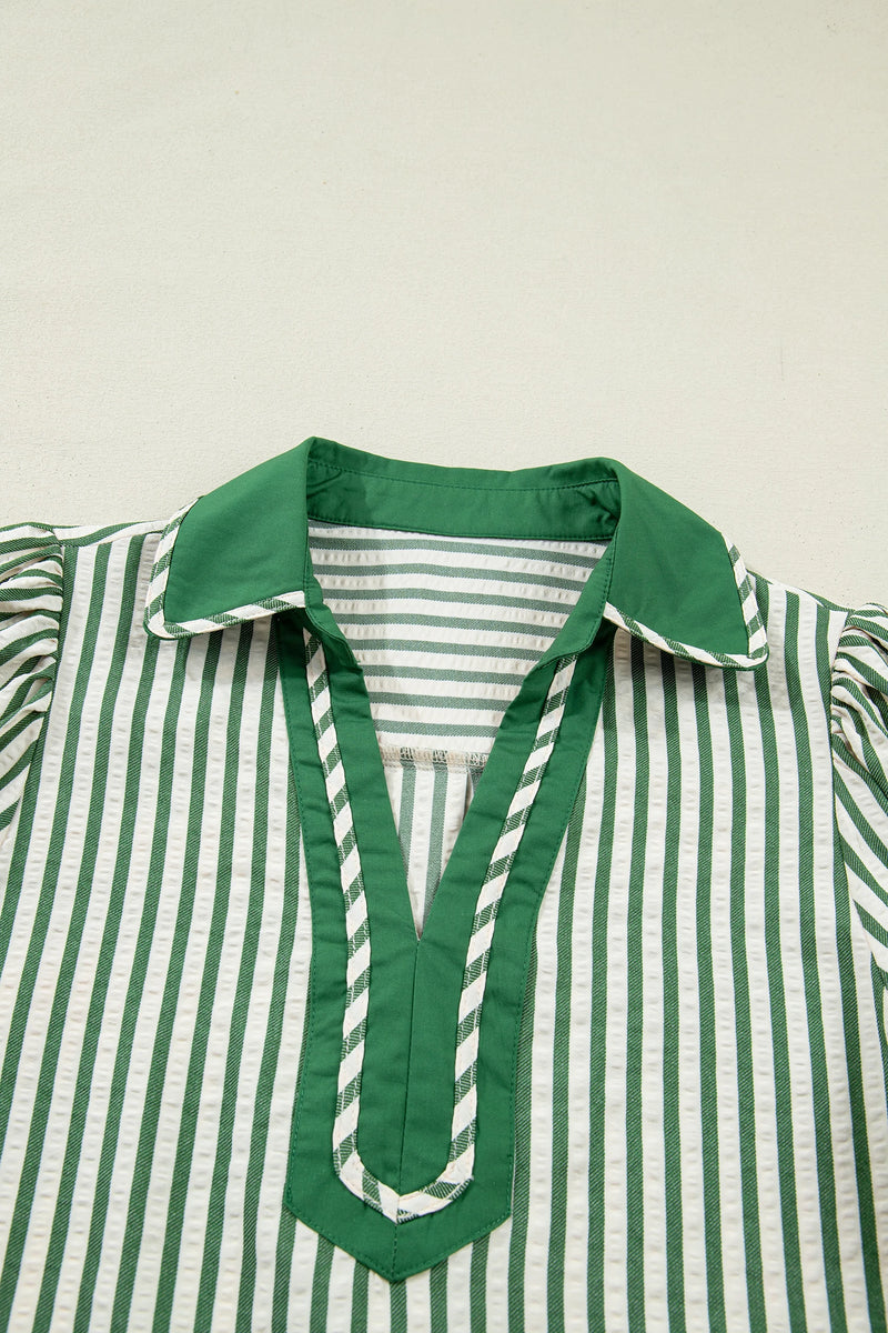 Load image into Gallery viewer, DLLS432 - Ladies Green Stripe Collared Split Neck Short Bubble Sleeve Blouse
