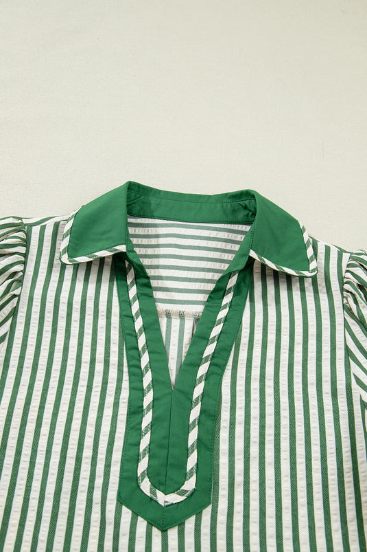DLLS432 - Ladies Green Stripe Collared Split Neck Short Bubble Sleeve Blouse