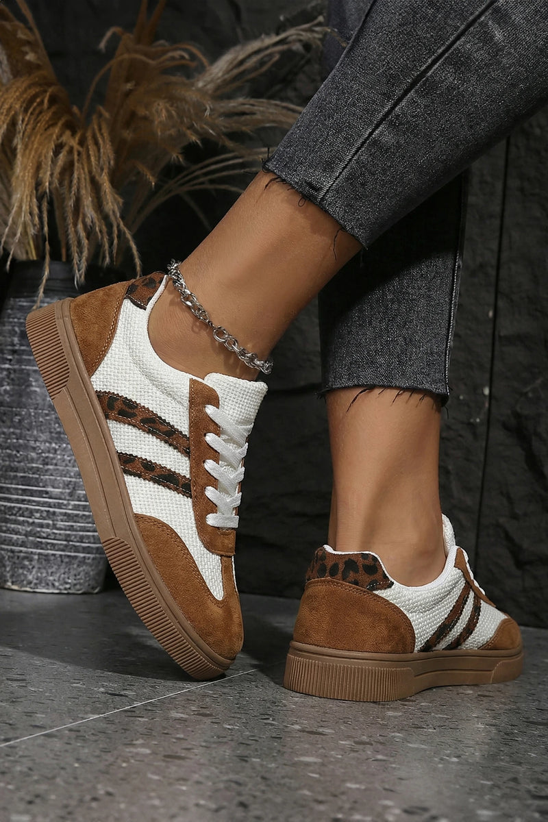 Load image into Gallery viewer, DLLSHOE 8 - Coffee Textured Woven PU Leather Leopard Patchwork Flat Sneakers
