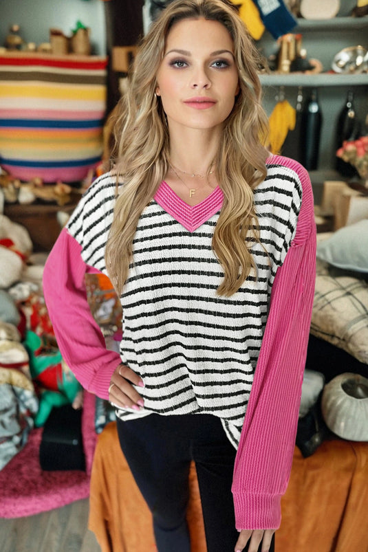 DLLS424 - Ladies Black Stripe Textured Knit Twisted Rib Contrast Patchwork V Neck Long Sleeve Top