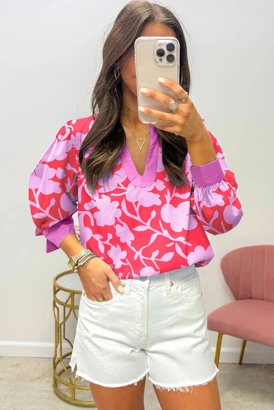 DLLS330 - Ladies Red Floral Print Split V Neck Cuffed Bracelet Sleeve Blouse
