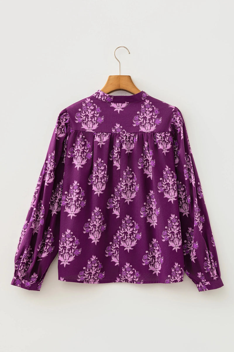 Load image into Gallery viewer, DLLS765 - Ladies Purple Floral Print Button Front Long Puff Sleeve Shirt
