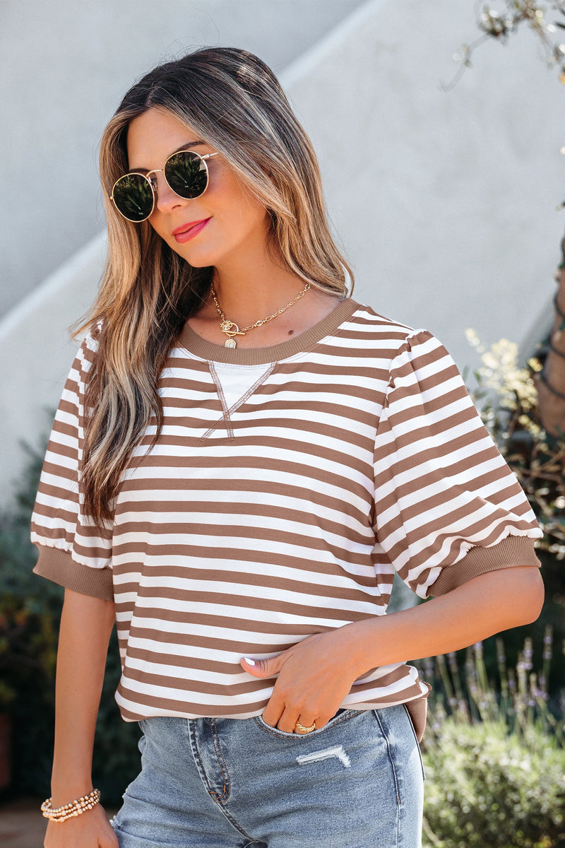 Load image into Gallery viewer, DLLS548 - Ladies Khaki Stripe Short Bubble Sleeve T Shirt
