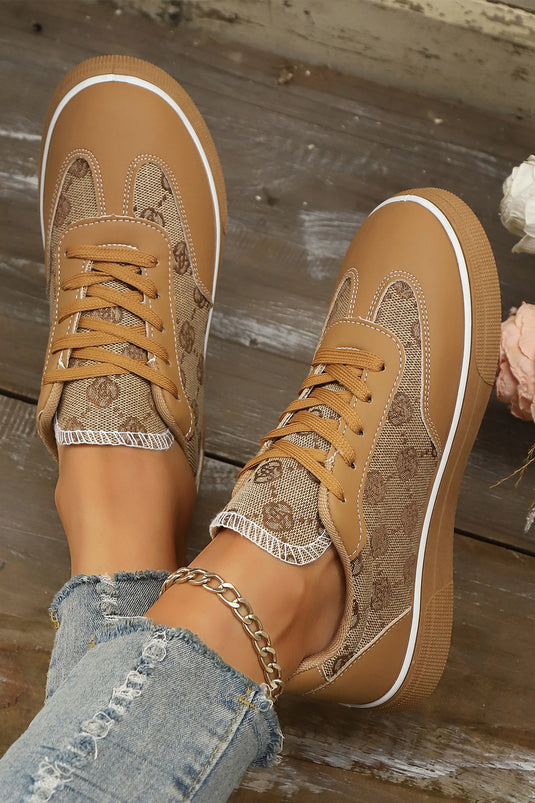 DLLSHOE 56  - Camel Retro Jacquard PU Leather Patchwork Casual Sneakers