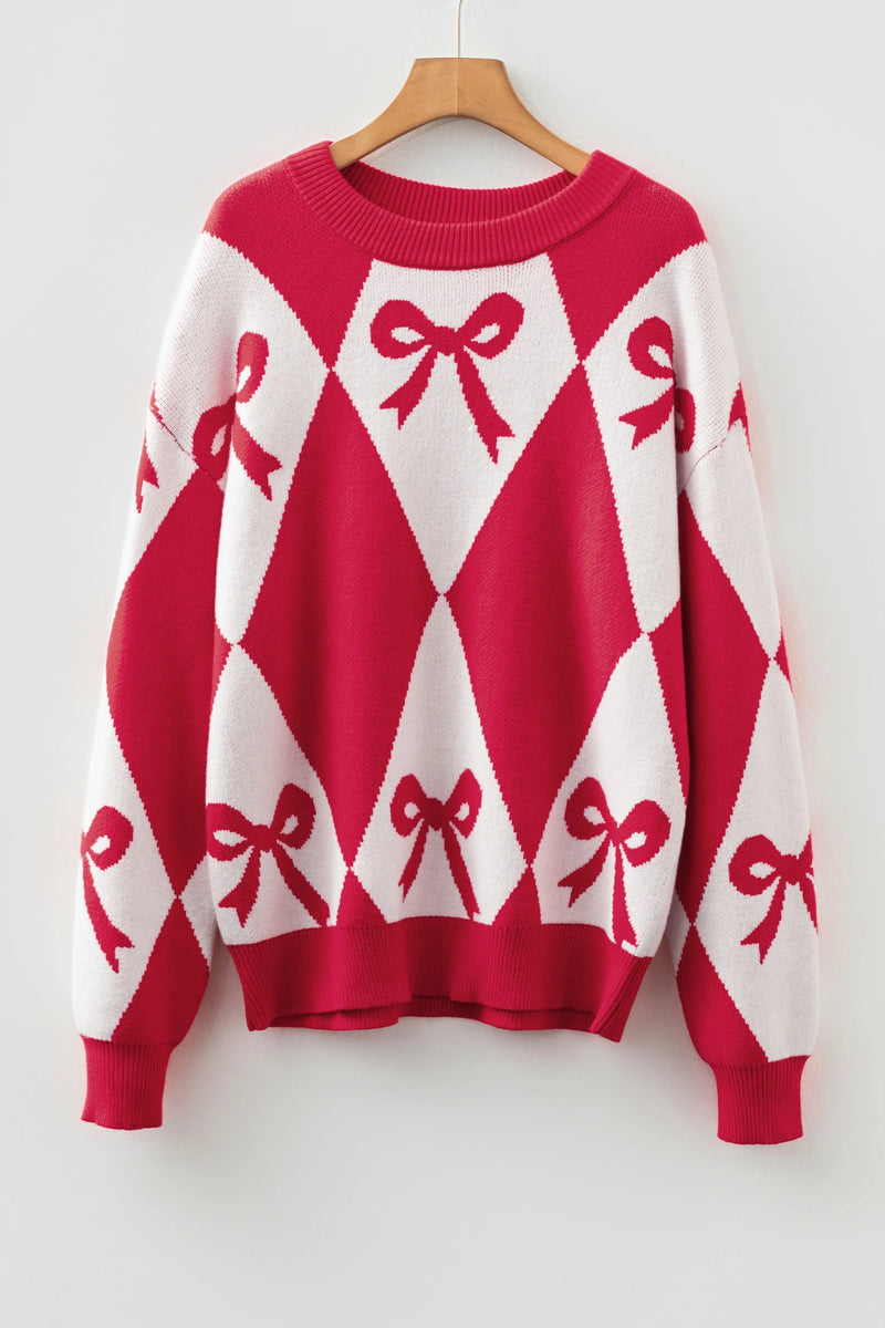 Load image into Gallery viewer, DLLS232 - Ladies Red Bow Print 2-Tone Rhombus Knit Loose Sweater
