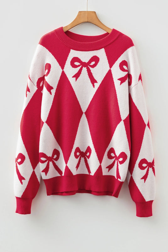 DLLS232 - Ladies Red Bow Print 2-Tone Rhombus Knit Loose Sweater