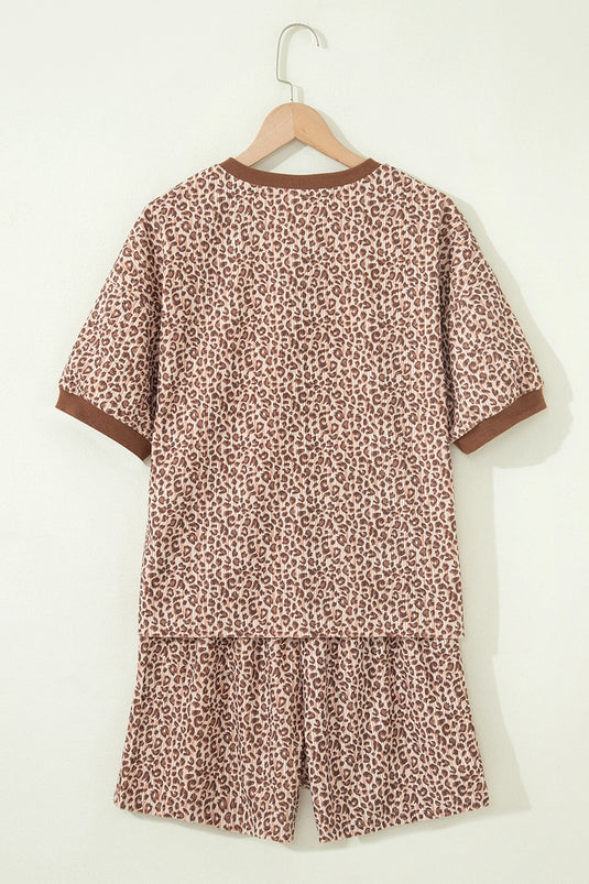 DLLS703 - Ladies Brown Leopard Print Ribbed Patchwork Half Button Loose Tee Elastic Waist Short 2pcs Set