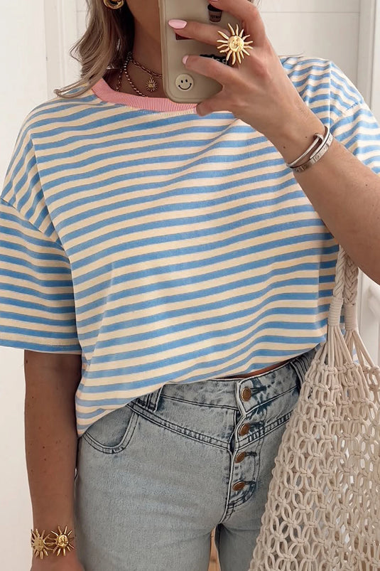DLLS468 - Ladies Sky Blue Stripe Contrast Crew Neck Drop Shoulder Loose Tee