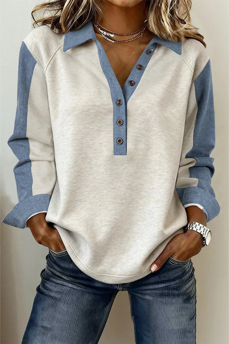 Load image into Gallery viewer, DLLS439 - Ladies Light Grey Denim Patchwork Buttoned Polo Collar Long Sleeve Top
