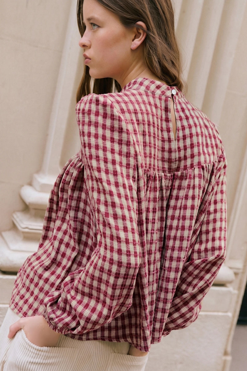 Load image into Gallery viewer, DLLS784 - Ladies Coral Country Plaid Long Sleeve Button Keyhole Pleated Loose Blouse
