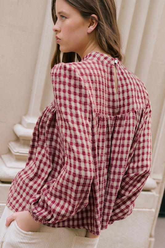 DLLS784 - Ladies Coral Country Plaid Long Sleeve Button Keyhole Pleated Loose Blouse