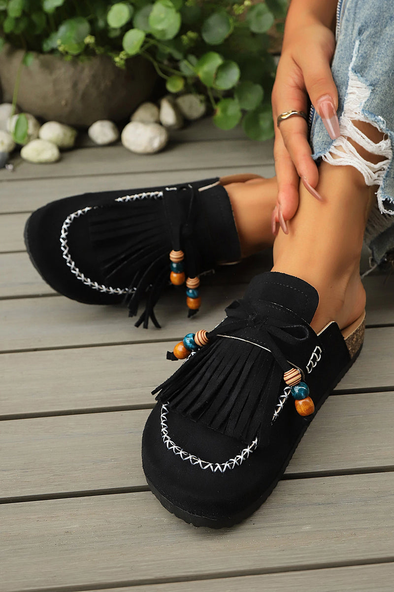 Load image into Gallery viewer, DLLSHOE 170 - Black Boho Fringed Suede Slip-on Loafers Square Toe Casual Slippers
