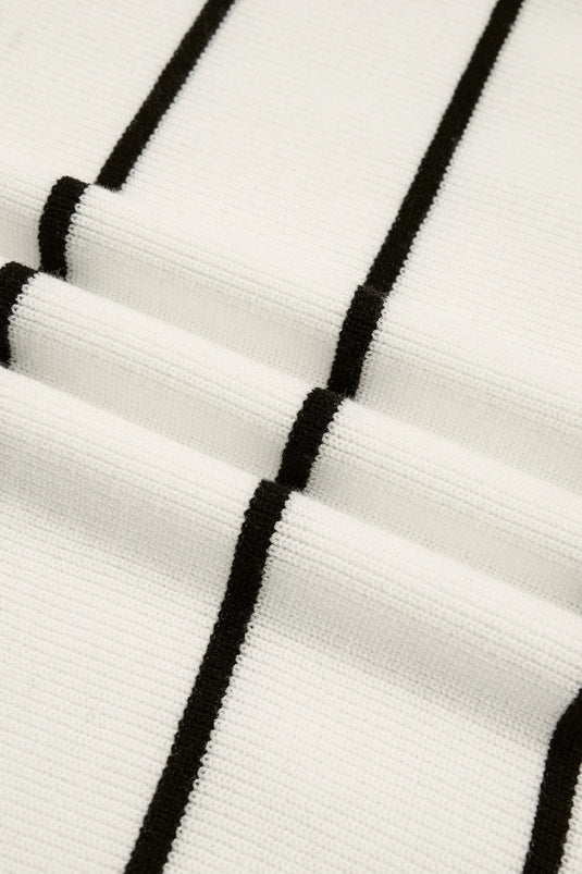 DLLS945 - Ladies White Stripe Ribbed Knit Half Sleeve Loose Sweater Tee