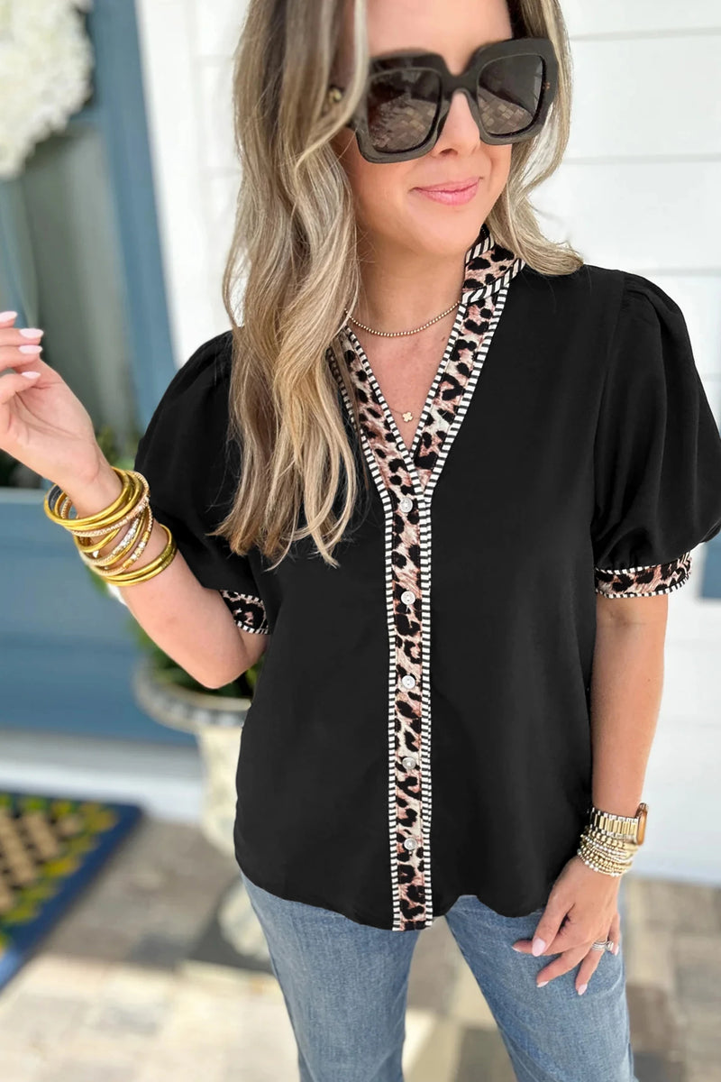 Load image into Gallery viewer, DLLS461 - Ladies Black V Neck Short Puff Sleeve Leopard Trim Button Down Shirt
