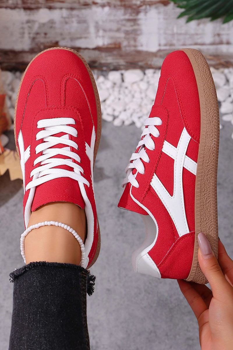 Load image into Gallery viewer, DLLSHOE 201 - Racing Red Faux Suede Contrast Patchwork Detail Lace Up Flat Sneakers
