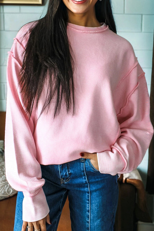 DLLS355 - Ladies Pink Horizontal Ribbed Exposed Seam Detail Long Sleeve Top