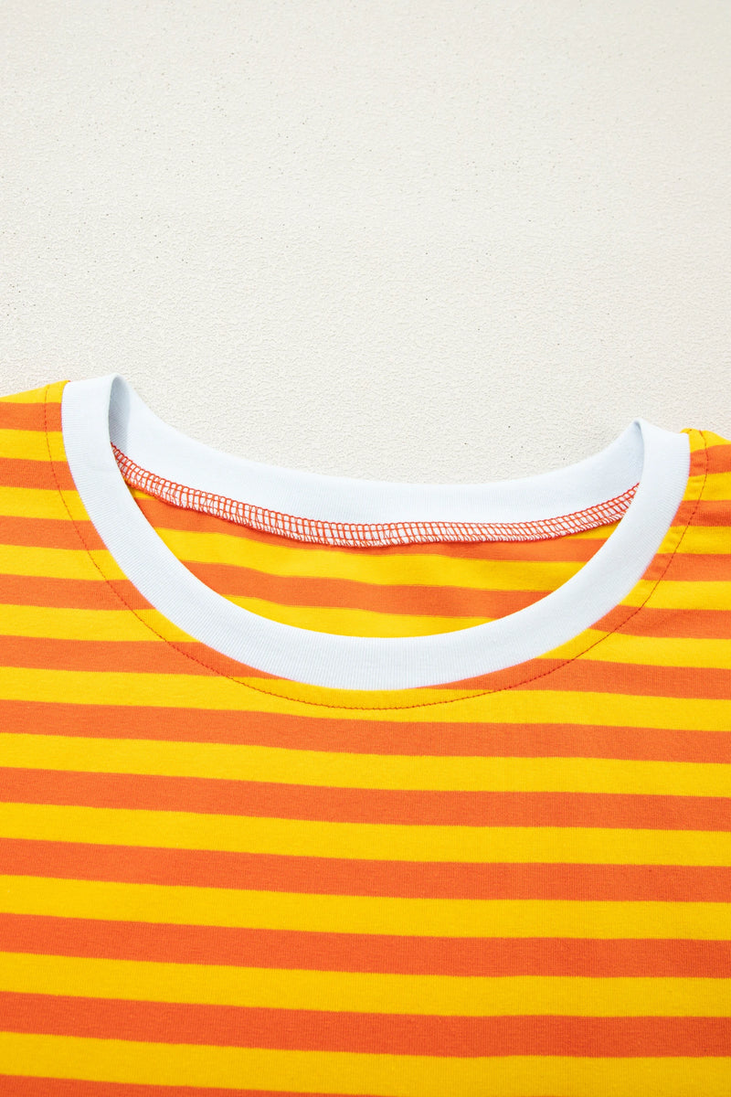 Load image into Gallery viewer, DLLS417 - Ladies Orange Stripe Contrast Crew Neck Drop Shoulder Loose Tee
