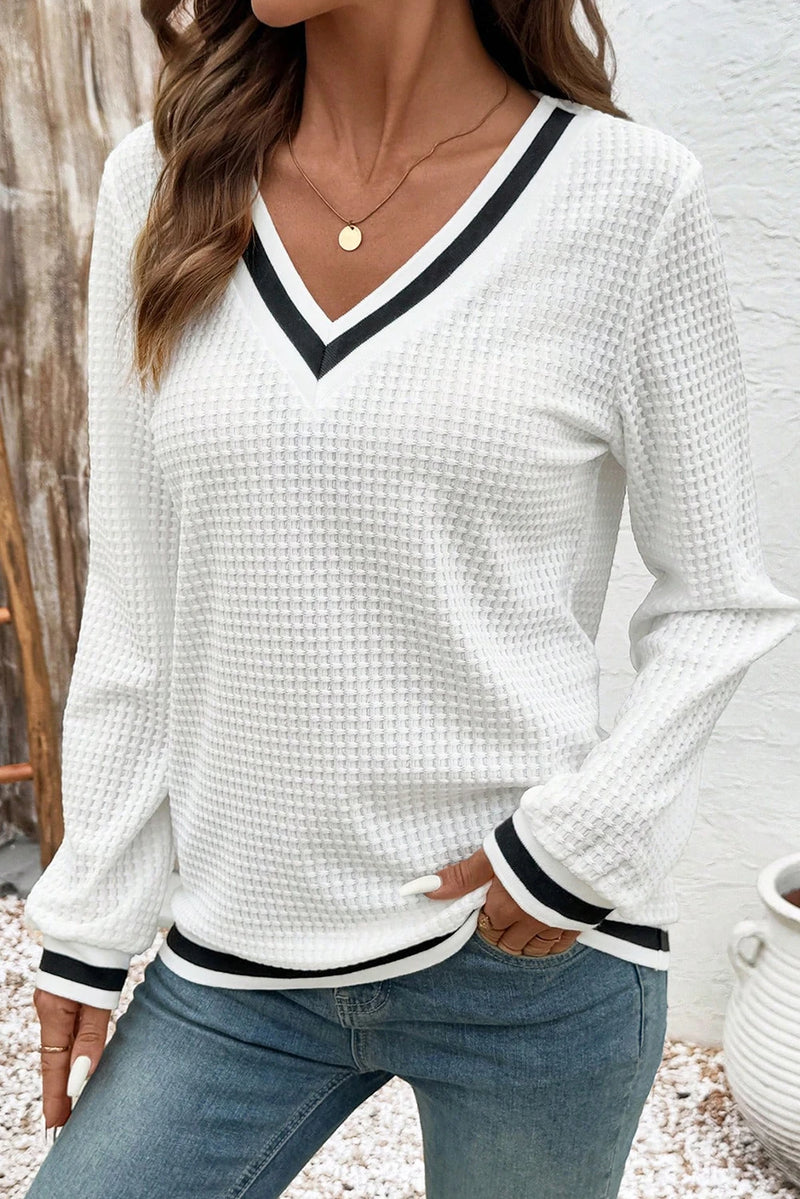 Load image into Gallery viewer, DLLS331 - Ladies White Textured Knit Preppy Striped Trim V Neck Pullover Waffle Top
