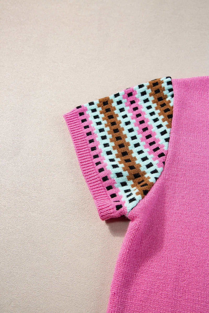 Load image into Gallery viewer, DLLS561 - Ladies Bright Pink Contrast Printed Cap Sleeves Crewneck Sweater
