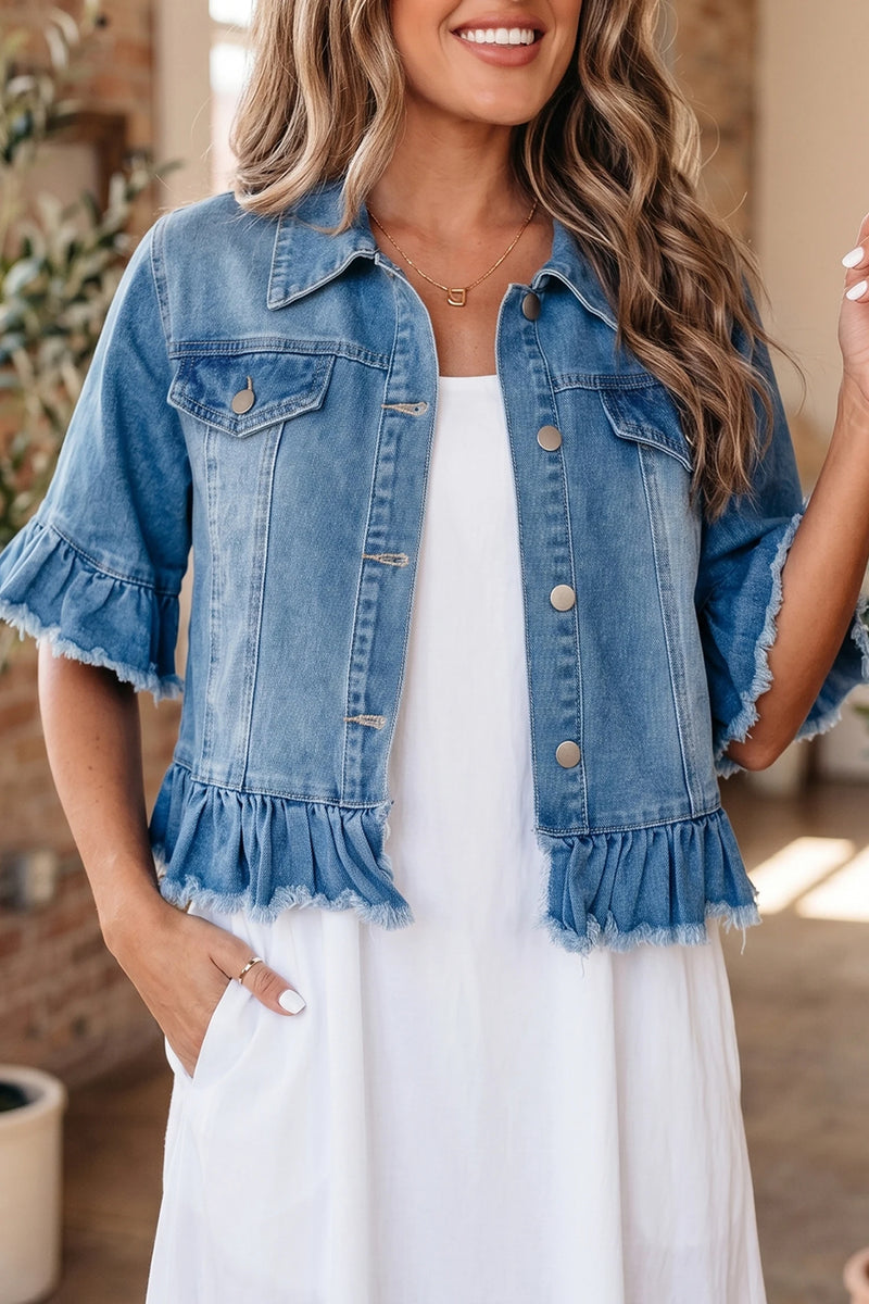 Load image into Gallery viewer, DLLS649 - Ladies Blue Ruffle Hem Denim Jacket Half Sleeve Western Style
