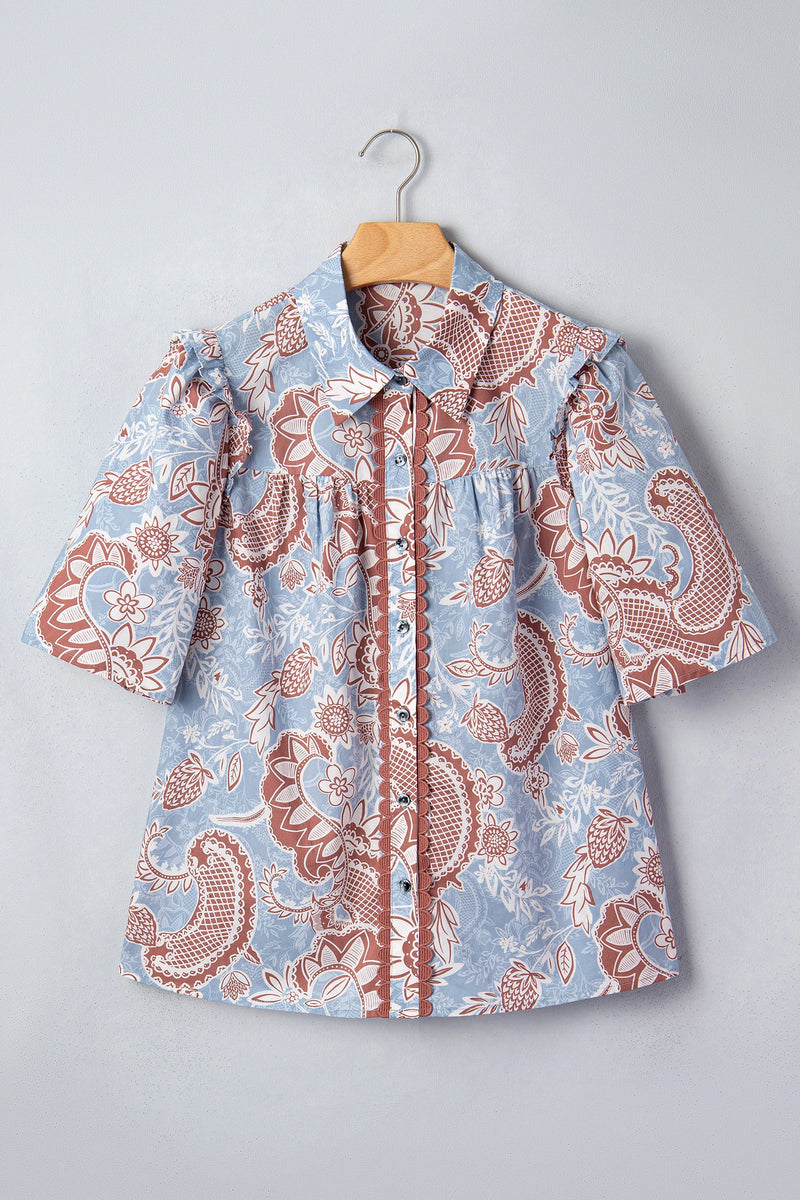 Load image into Gallery viewer, DLLS670 - Ladies Sky Blue Boho Floral Print Scalloped Trim Button-Down Short Sleeve Shirt
