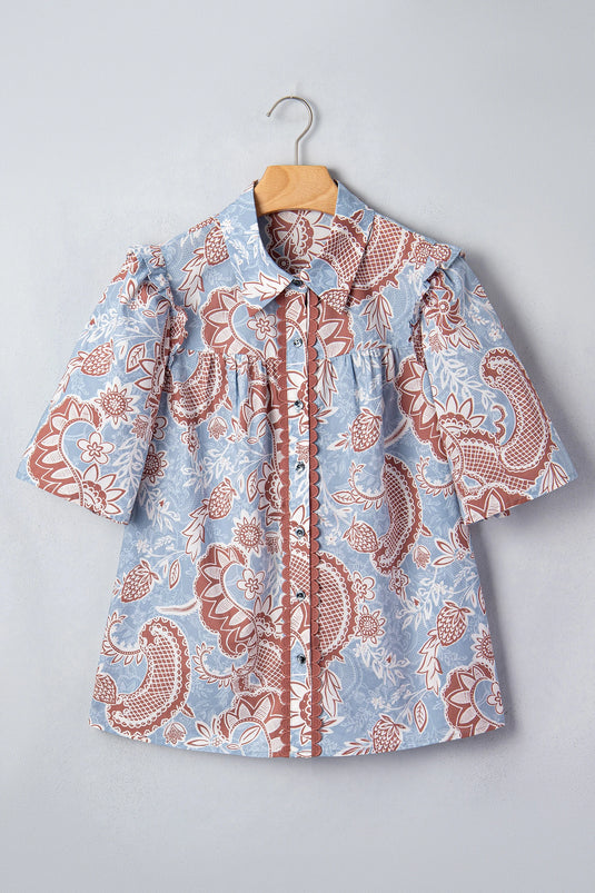 DLLS670 - Ladies Sky Blue Boho Floral Print Scalloped Trim Button-Down Short Sleeve Shirt