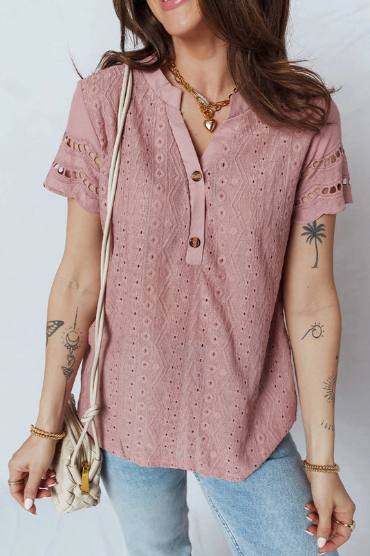 DLLS342 - Ladies Fushia Textured Embroidered Half Buttons Short Sleeve Blouse