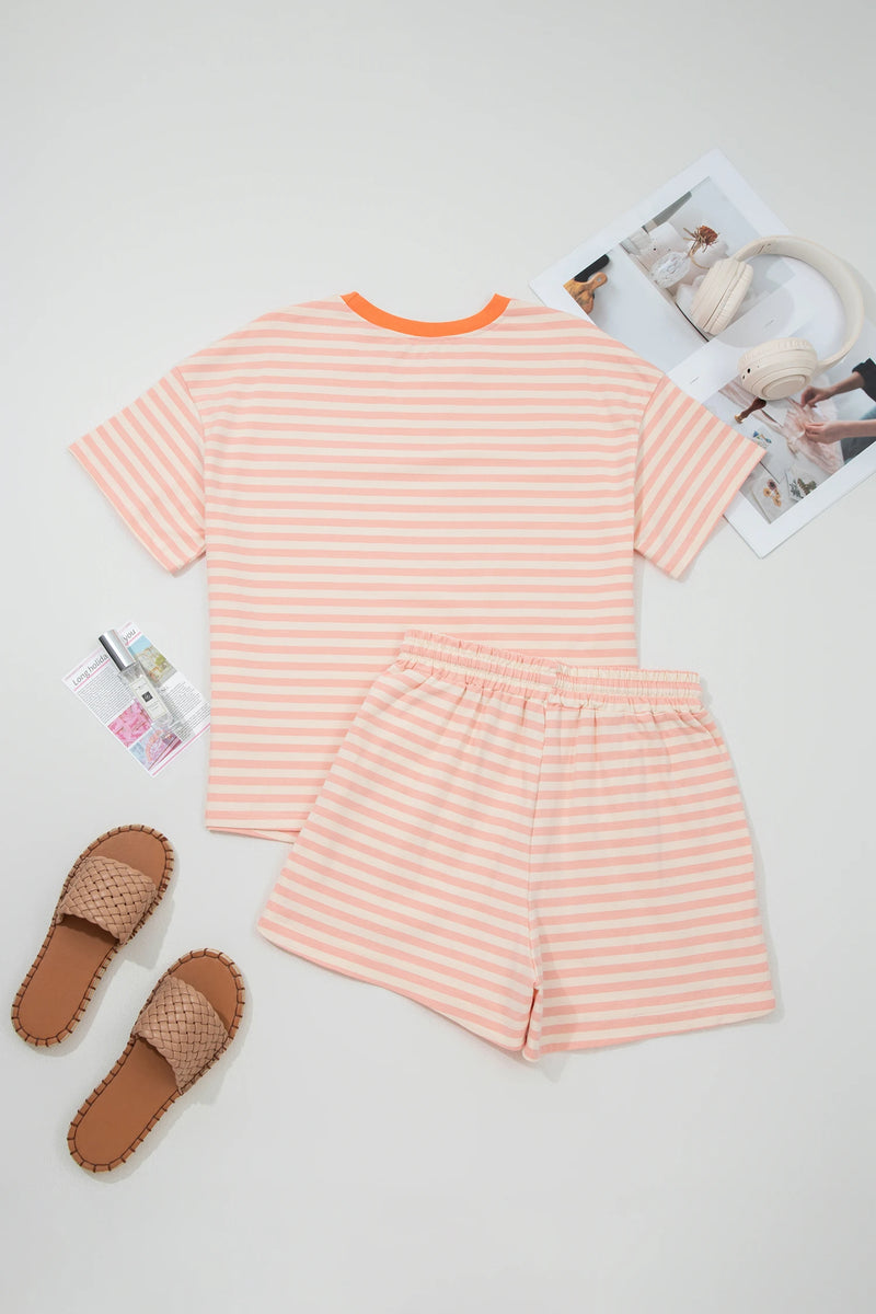 Load image into Gallery viewer, DLLS701 - Ladies Pink Stripe Contrast Neck Loose Tee and Drawstring Shorts Set
