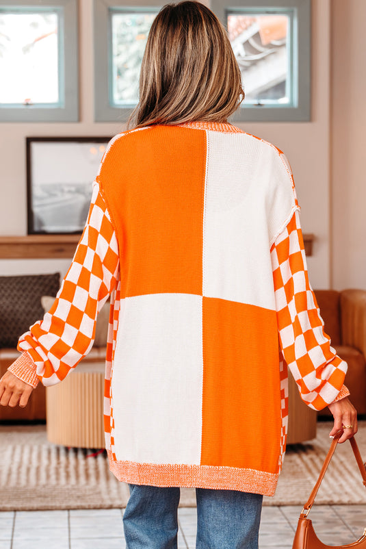DLLS129 - Ladies Orange Checkered Open Front Drop Shoulder Cardigan