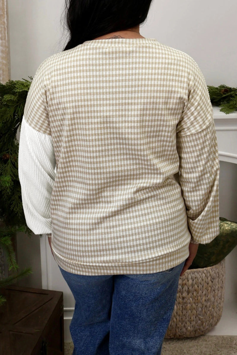 Load image into Gallery viewer, DLLS808 - Ladies Khaki Patchwork Checkered Long Sleeve Round Neck Plus Size Blouse
