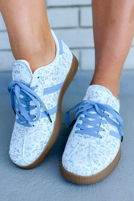 DLLSHOE 49 - Light Blue Floral Print Lace-Up PU Leather Flat Shoes