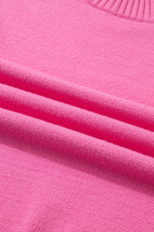 DLLS579 - Ladies Pink Solid Color Ribbed Trim Round Neck Ruffle Short Sleeve Sweater